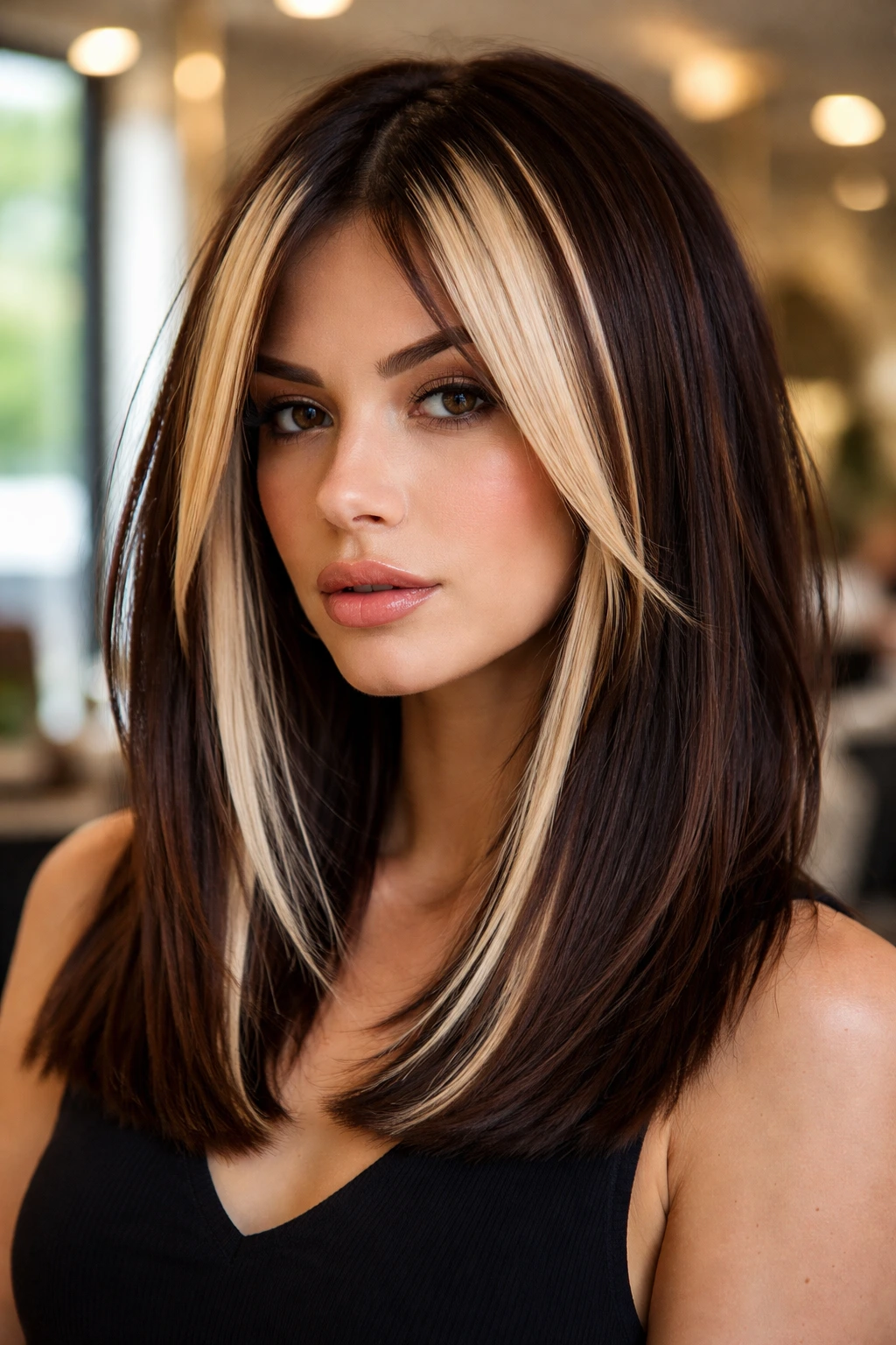 Close-up of a real woman with chunky high-contrast blonde panels on brunette hair in a salon