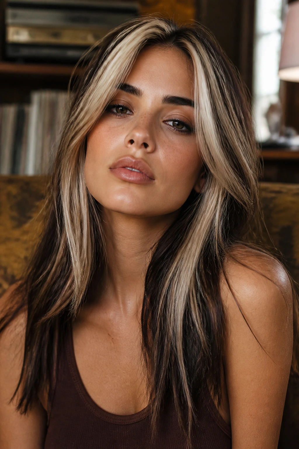 Close-up of a real woman with chunky platinum contrast on brown hair