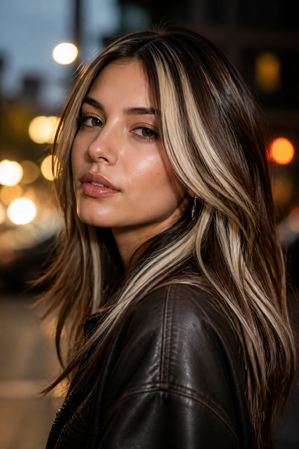 Close-up of brown hair with chunky platinum stripes.