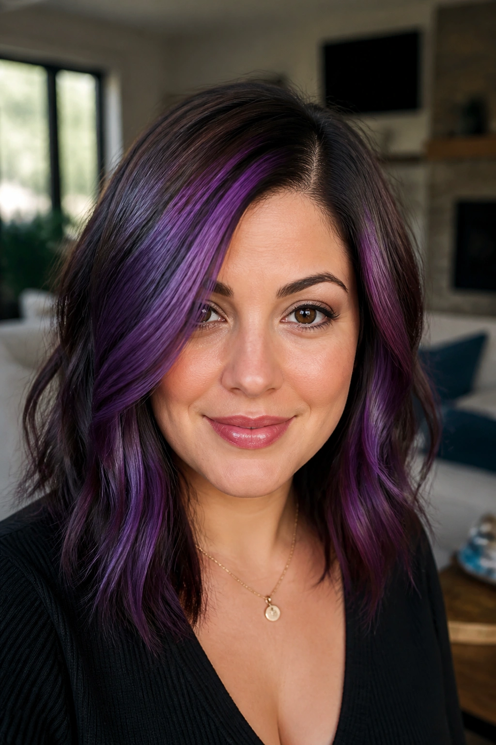 Close-up portrait of a real woman with chunky purple panels near the part.