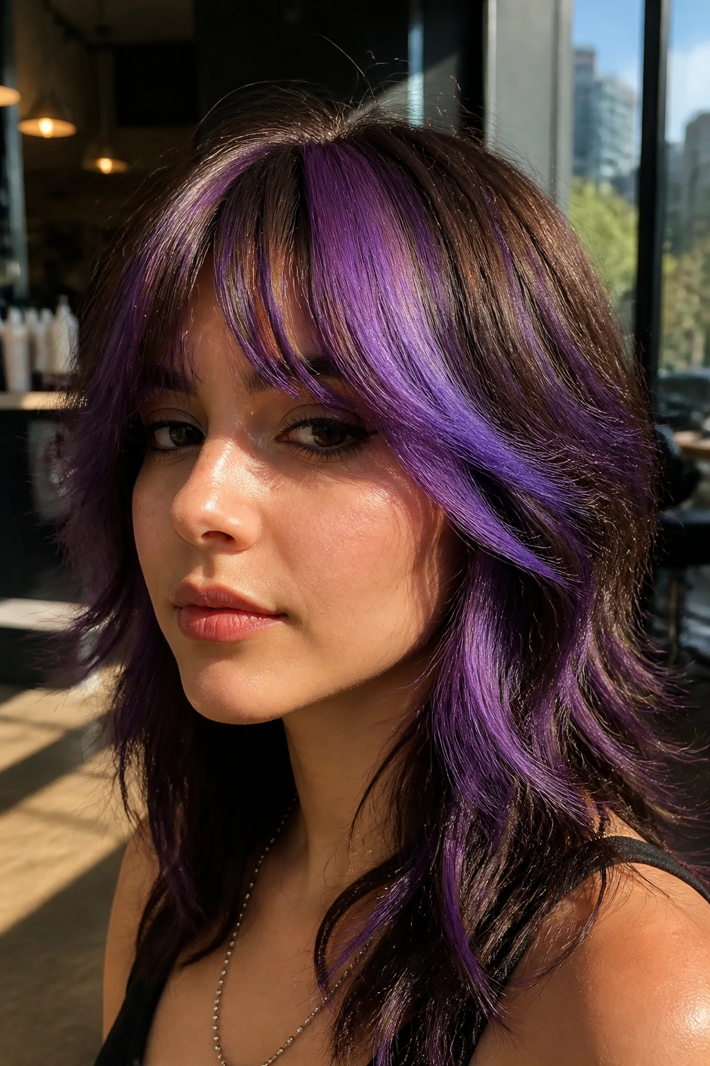 Close-up of brown hair with chunky purple streaks and a 90s edge