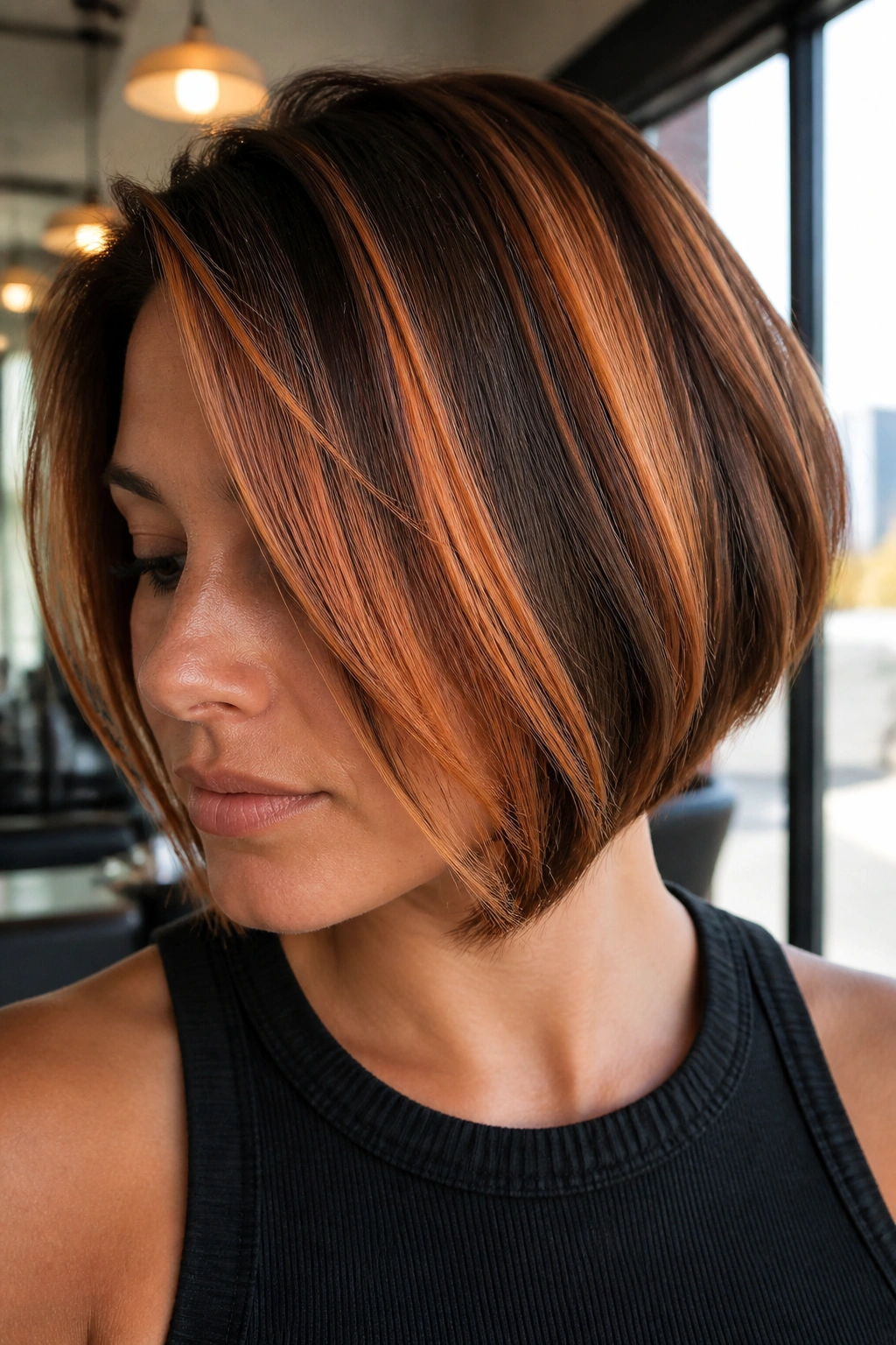 Close-up of a real woman with chunky strawberry-copper highlights on a brown short bob in a sunlit salon