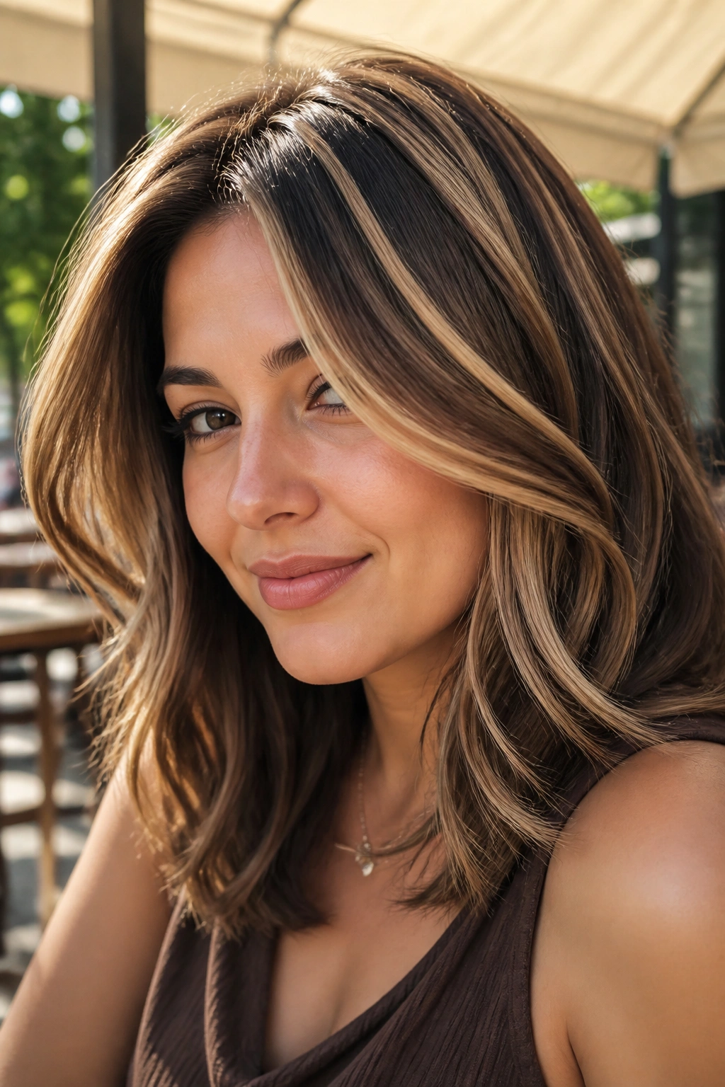 Close-up of shoulder-length hair with chunky retro caramel ribbons