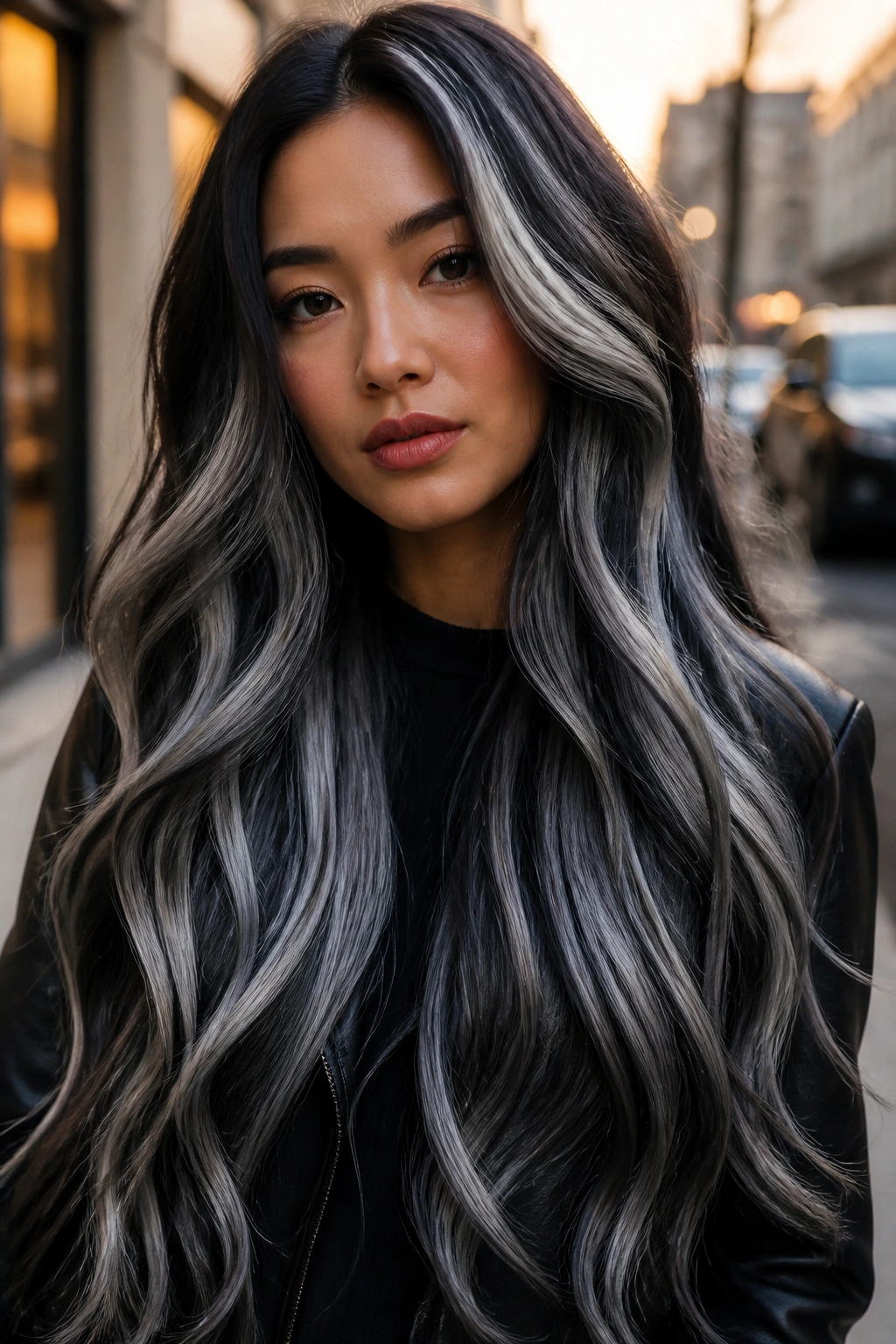 Close-up of a real woman with chunky silver ribbons in long black hair.