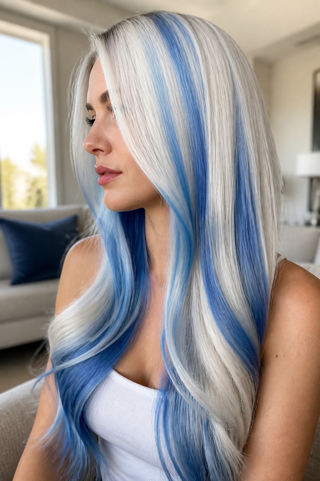 Real person with chunky white and blue color blocks in long hair