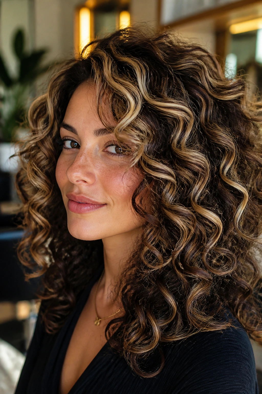 Close-up of curly hair with chunky highlight ribbons woven through the crown