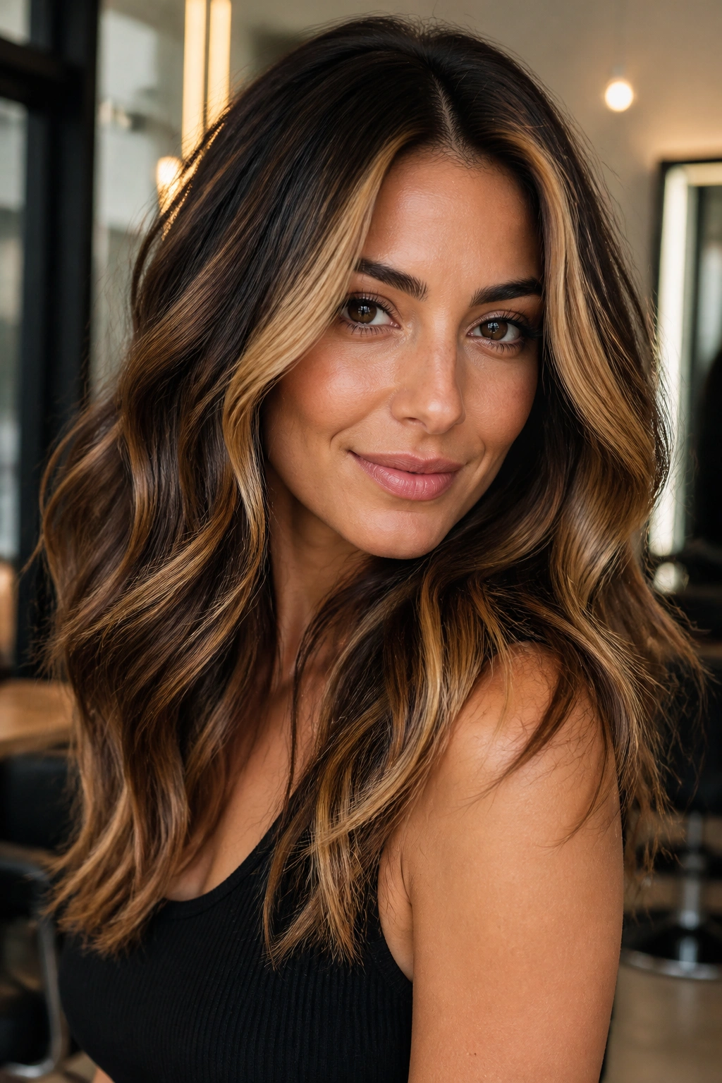 Brunette with chunky honey caramel ribbons creating bold contrast