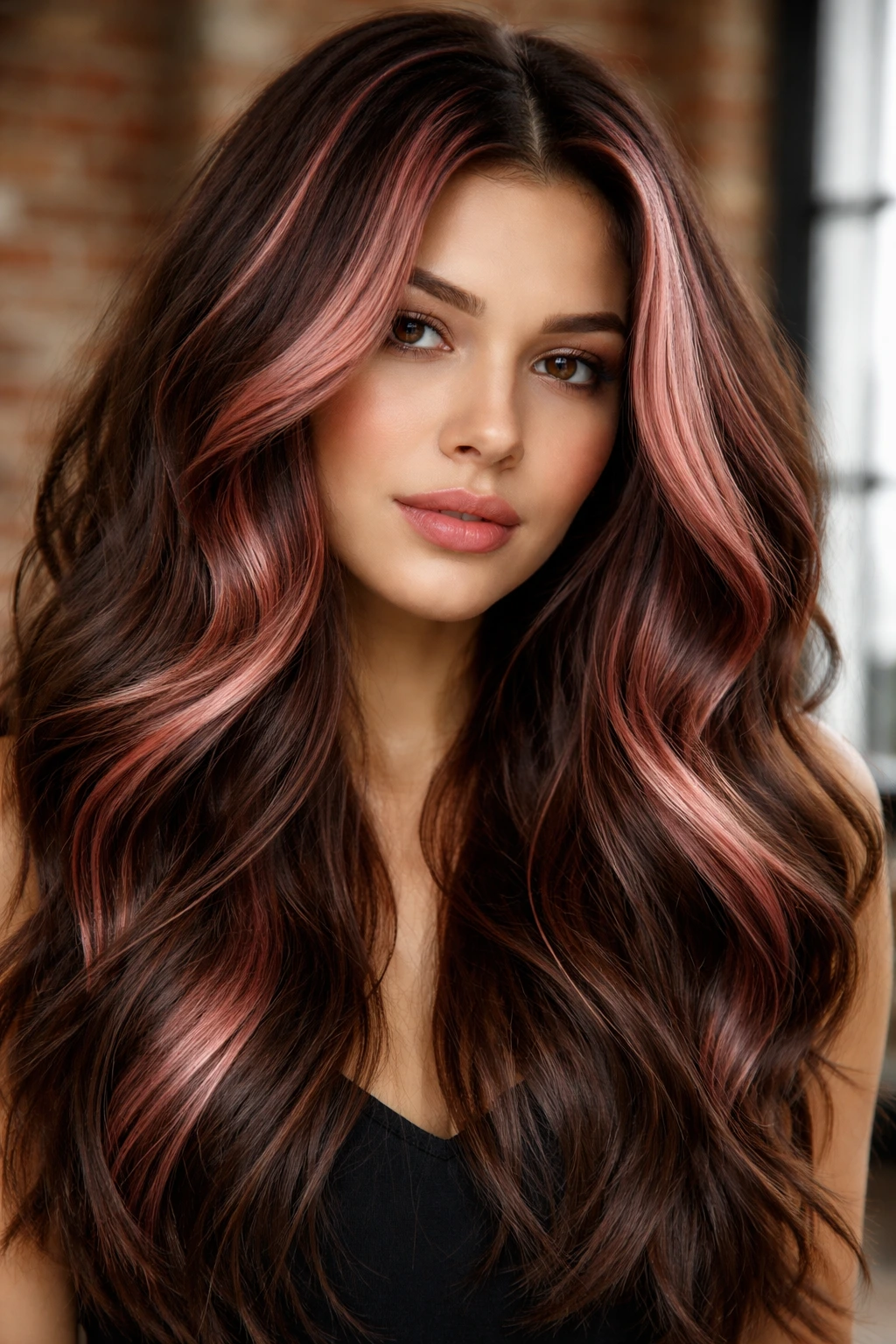 Close-up of chocolate brown hair with chunky rose panels