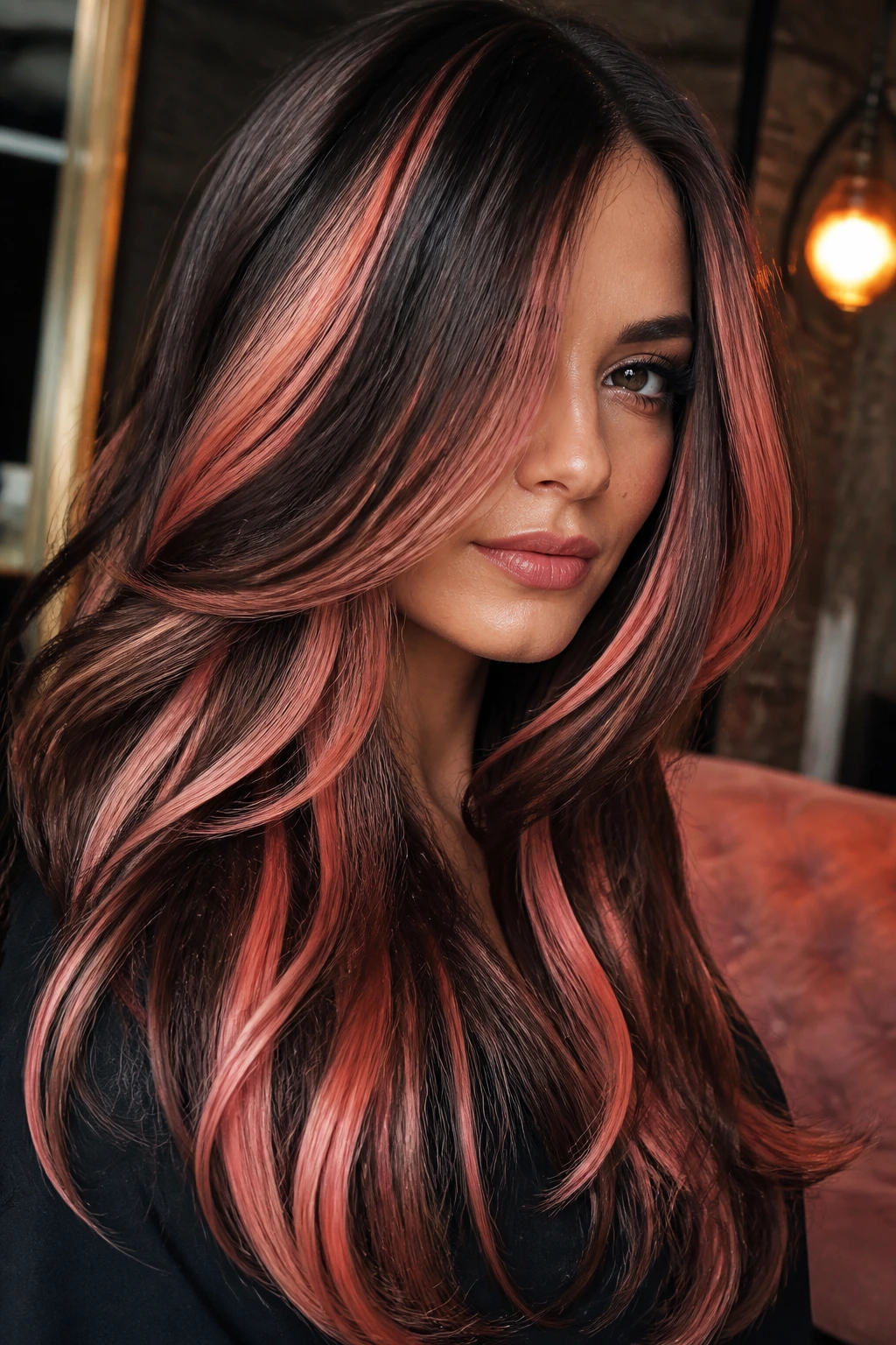 Close-up of real woman with chunky rose gold streaks on long layered hair
