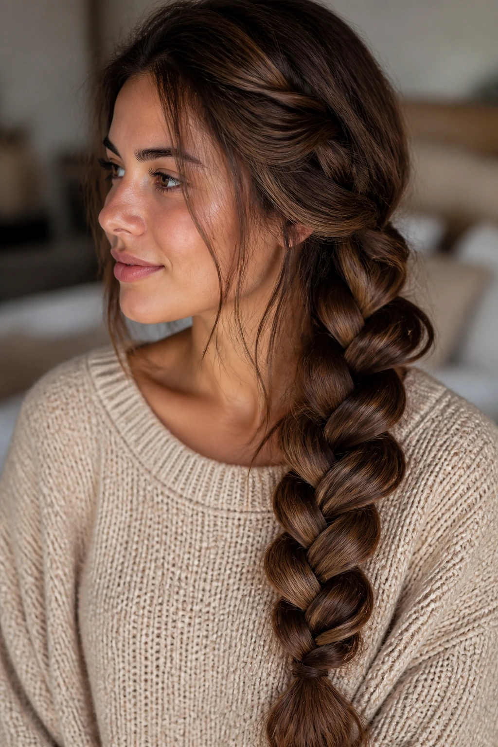 Chunky pancaked side braid on a real woman in soft light
