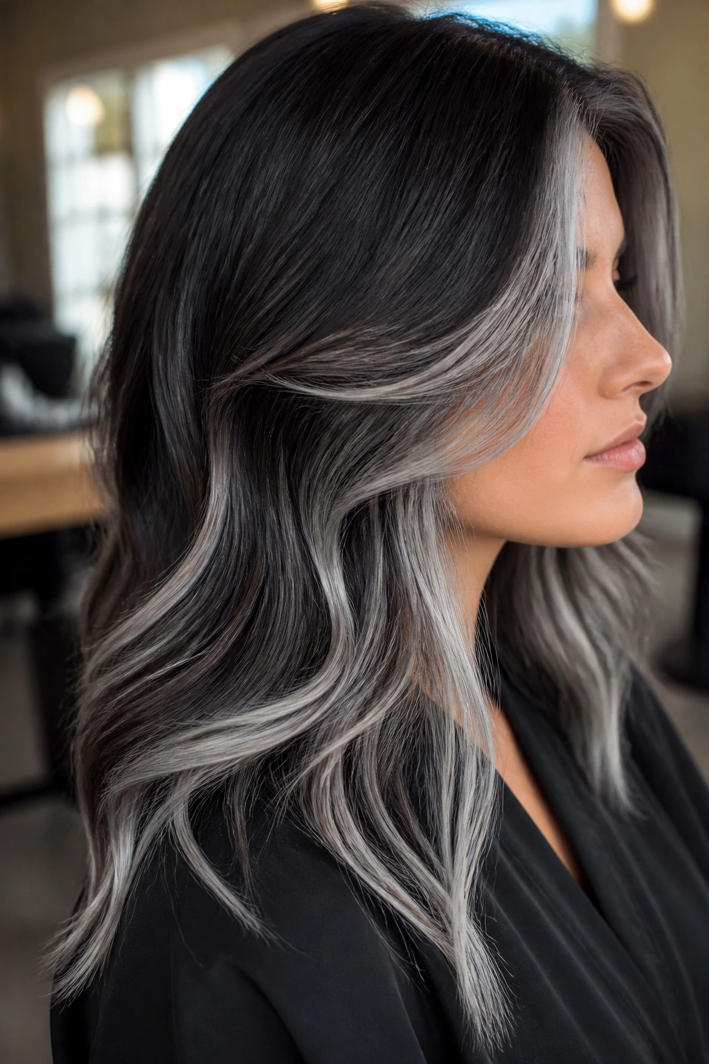Brunette with chunky silver balayage strokes framing the face.