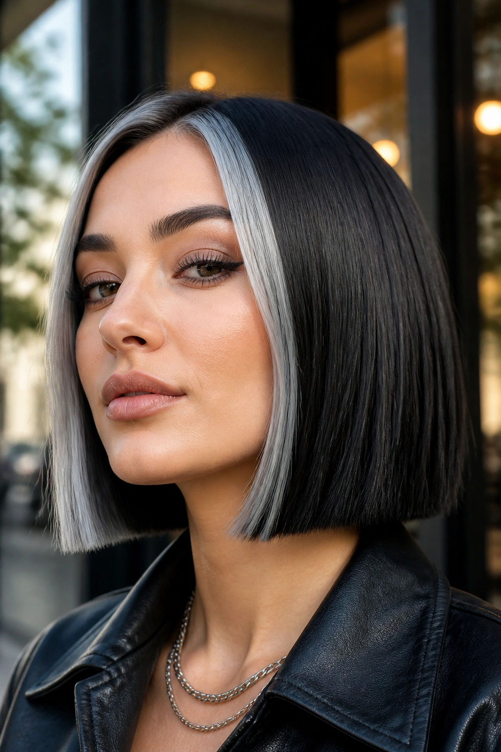 Portrait of a woman with chunky silver face-framing stripes at the temples