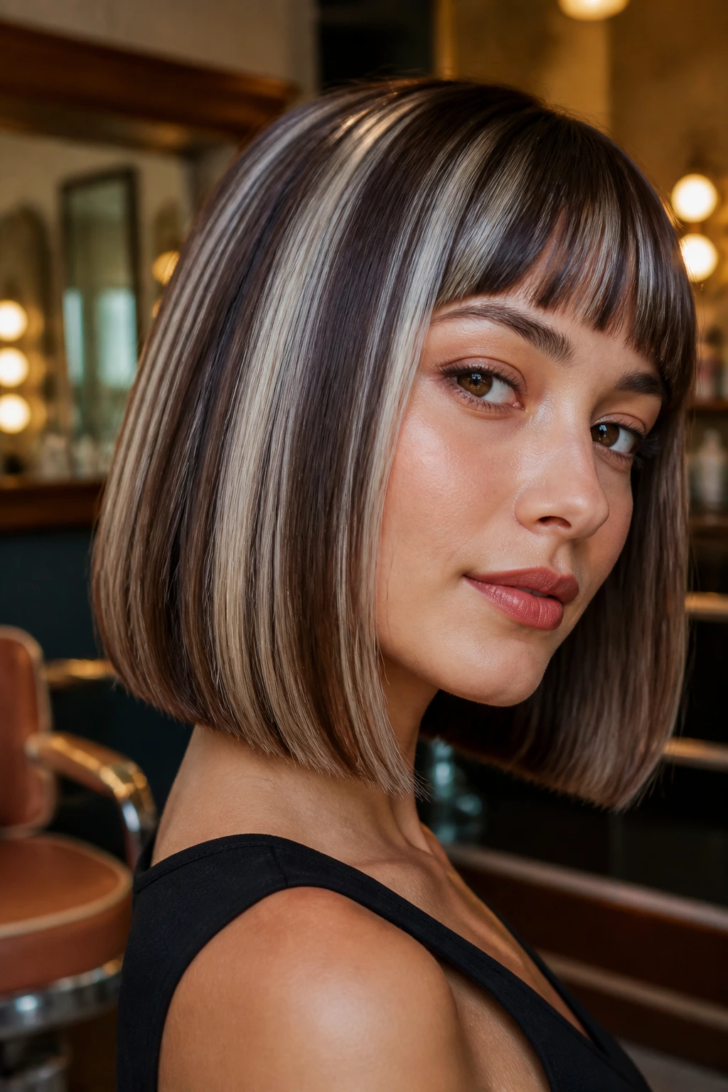 Portrait of a woman with chunky silver highlights on brown hair in a blunt cut.