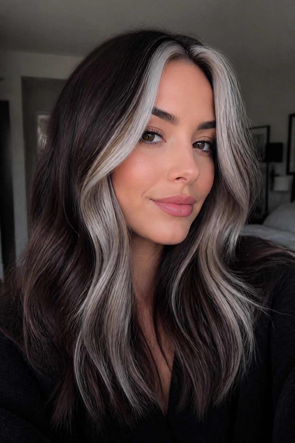 Real person with chunky silver money pieces on dark mocha hair