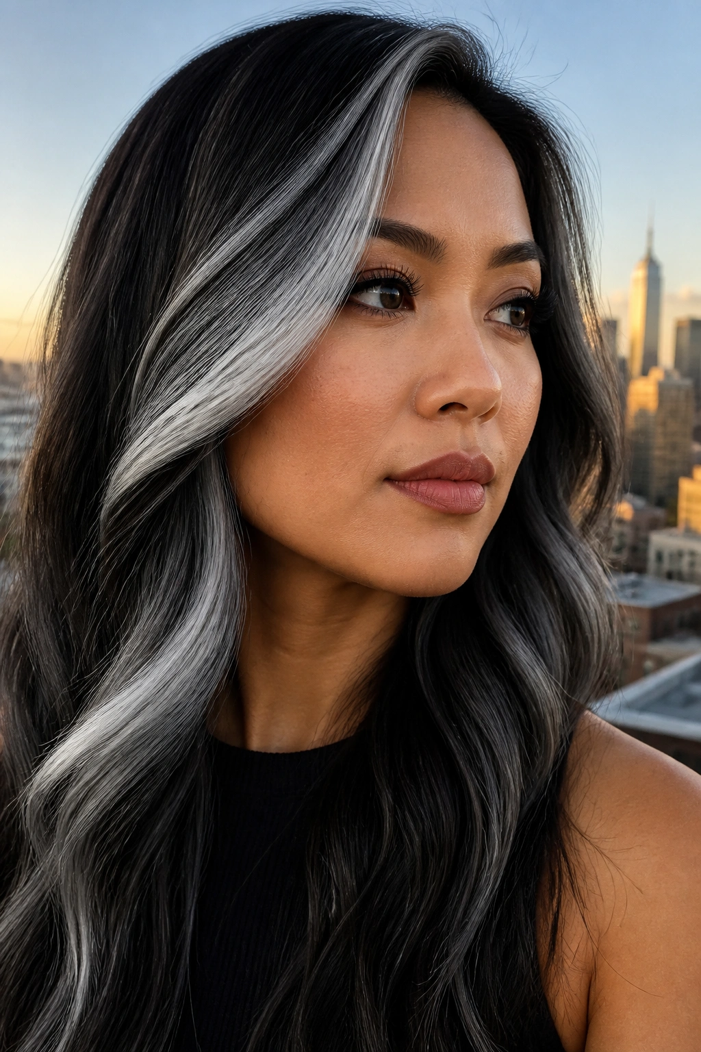Close-up of a real person with diagonal chunky silver panels in hair.