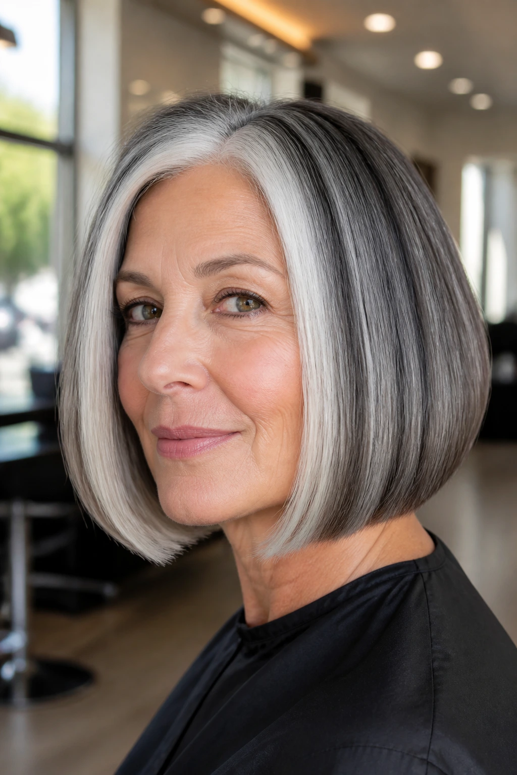 Real woman with chunky silver panels in hair, bold contrast