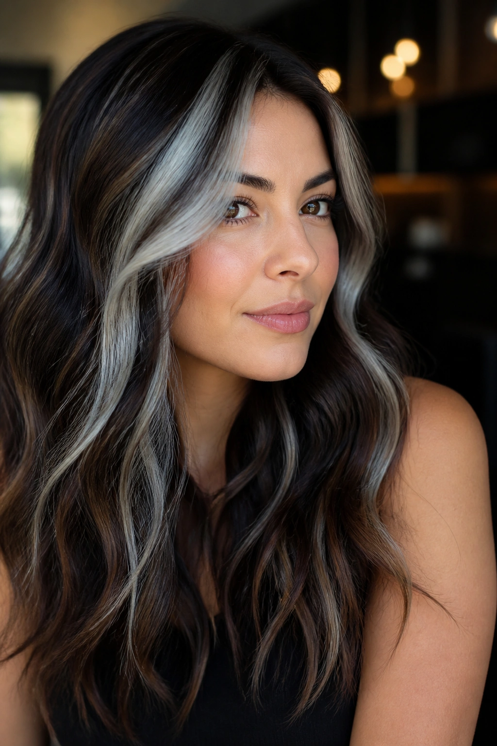 Close-up of brunette hair with chunky silver pieces for high contrast