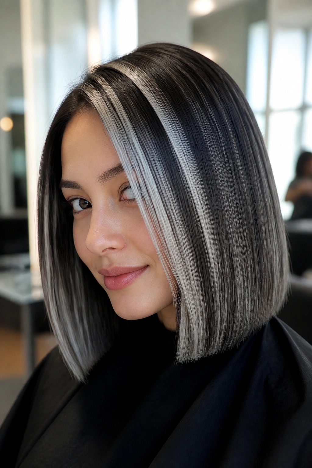 Close-up of a head with diagonal chunky silver streaks in front layers