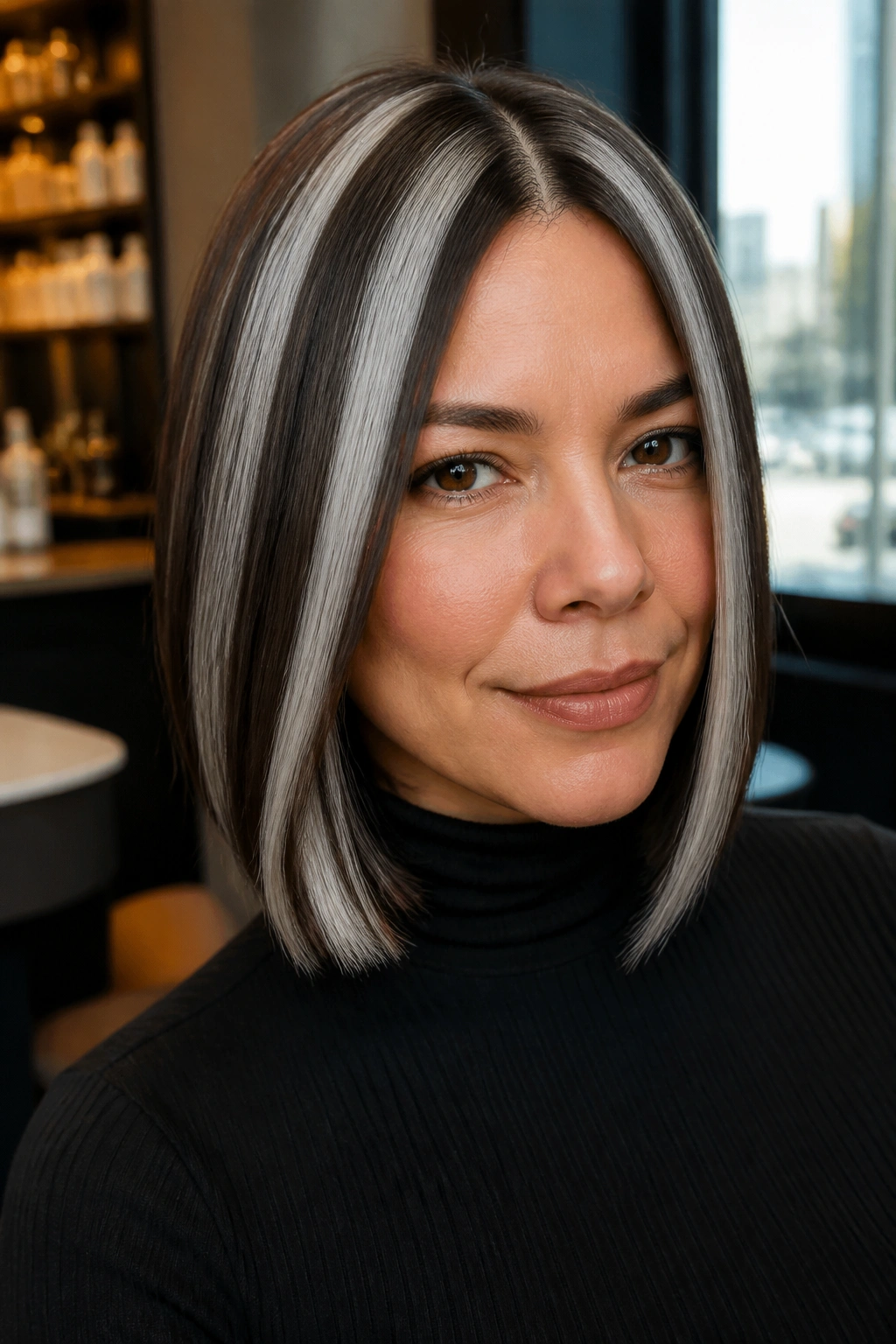 Close-up of a real woman with chunky silver streaks in a blunt bob in a chic salon