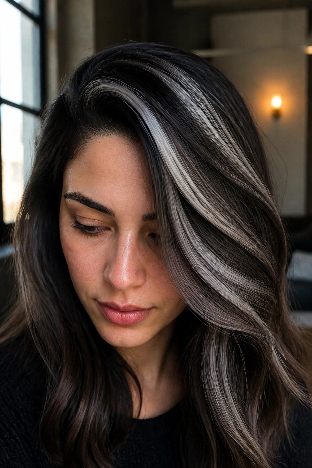 Close-up of real person with a deep side part and chunky smoke streaks