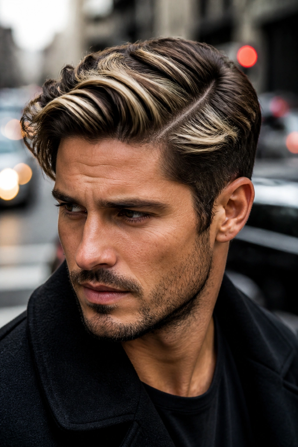Close-up of a man with chunky highlights and a sharp part in thick hair on an urban street