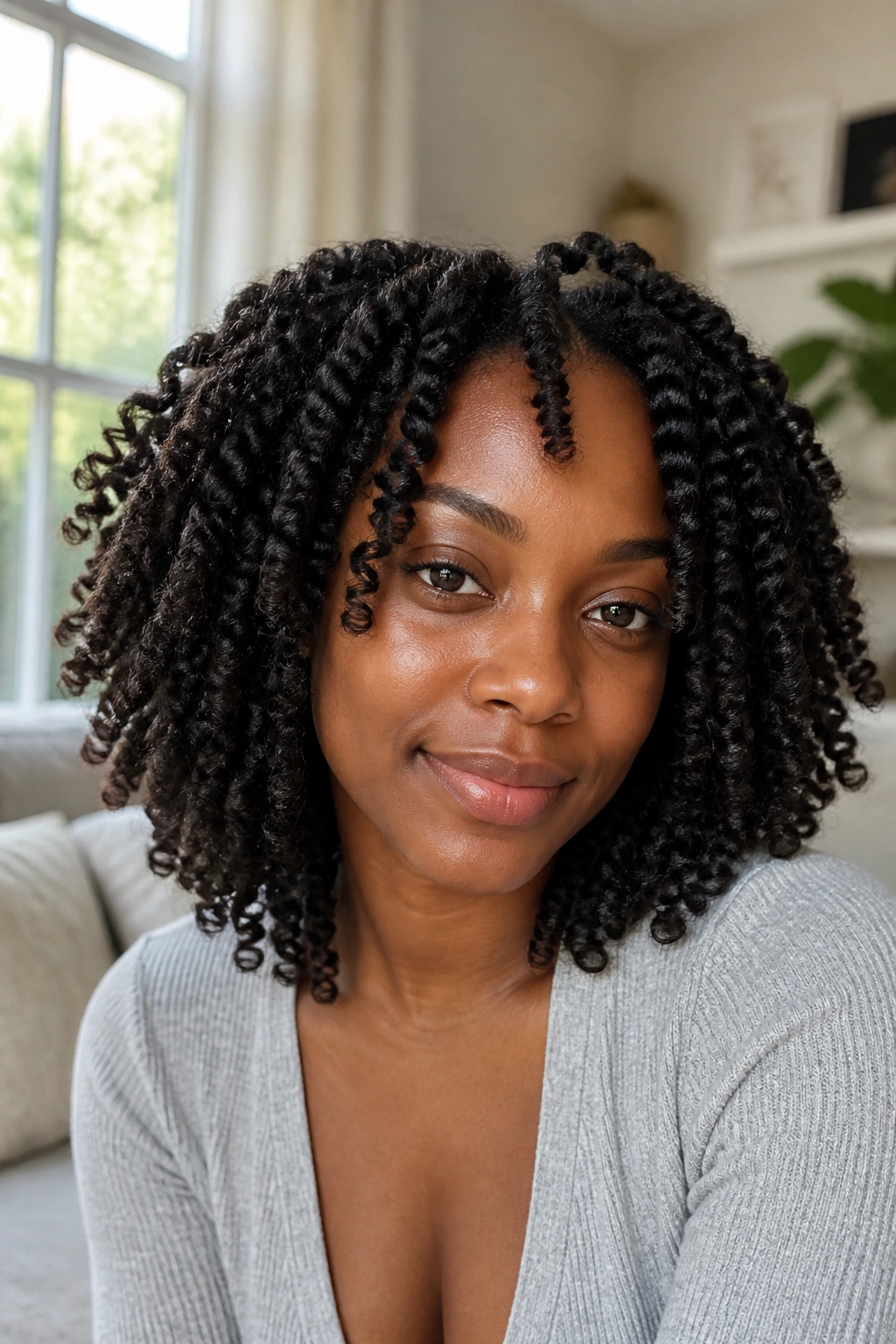 Close-up of a real woman with chunky twist-out defined curls and soft ends in a cozy indoor setting.