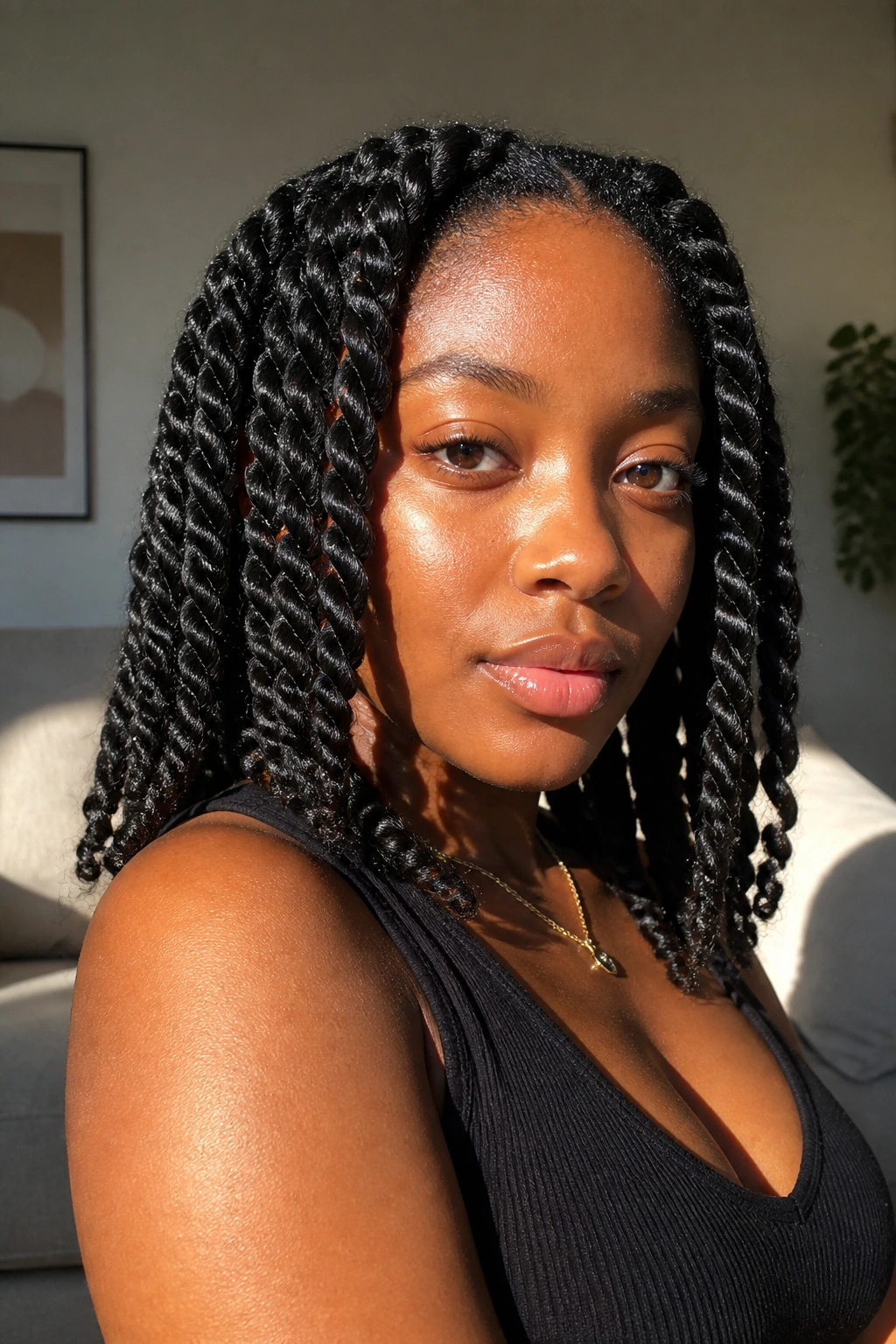 Close-up portrait of a real woman with chunky two-strand twists