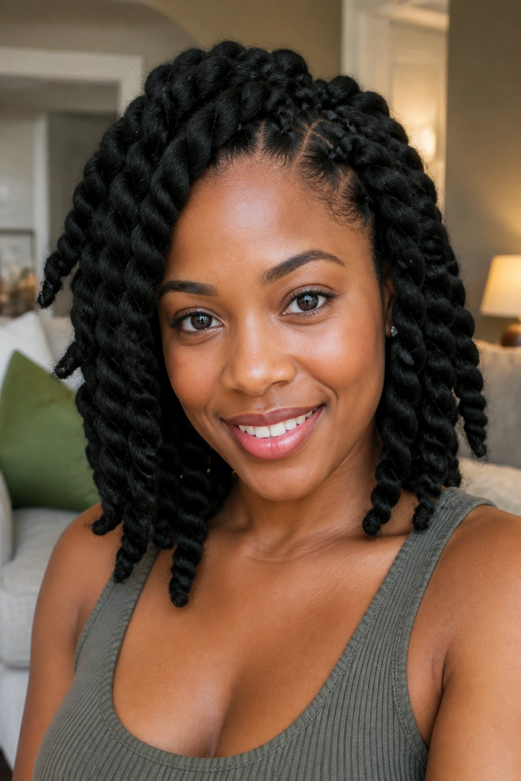Close-up portrait of a real woman with chunky twists in a cozy indoor setting