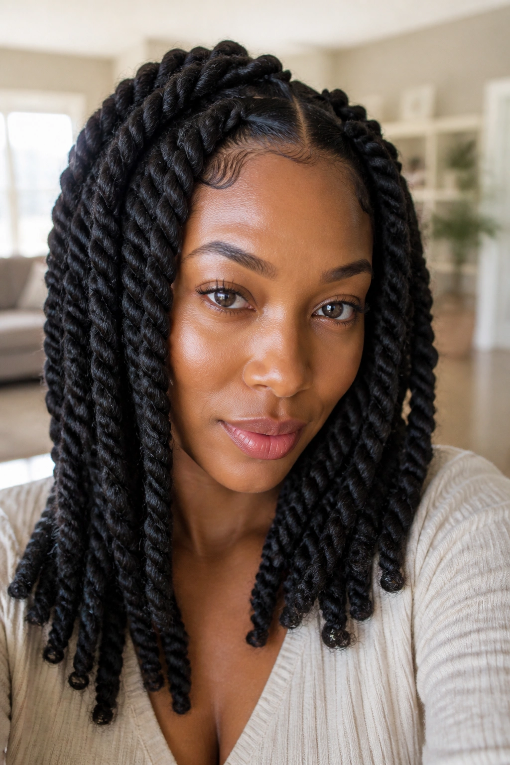 Close-up of a real person with chunky two-strand twists showing thick rope-like texture
