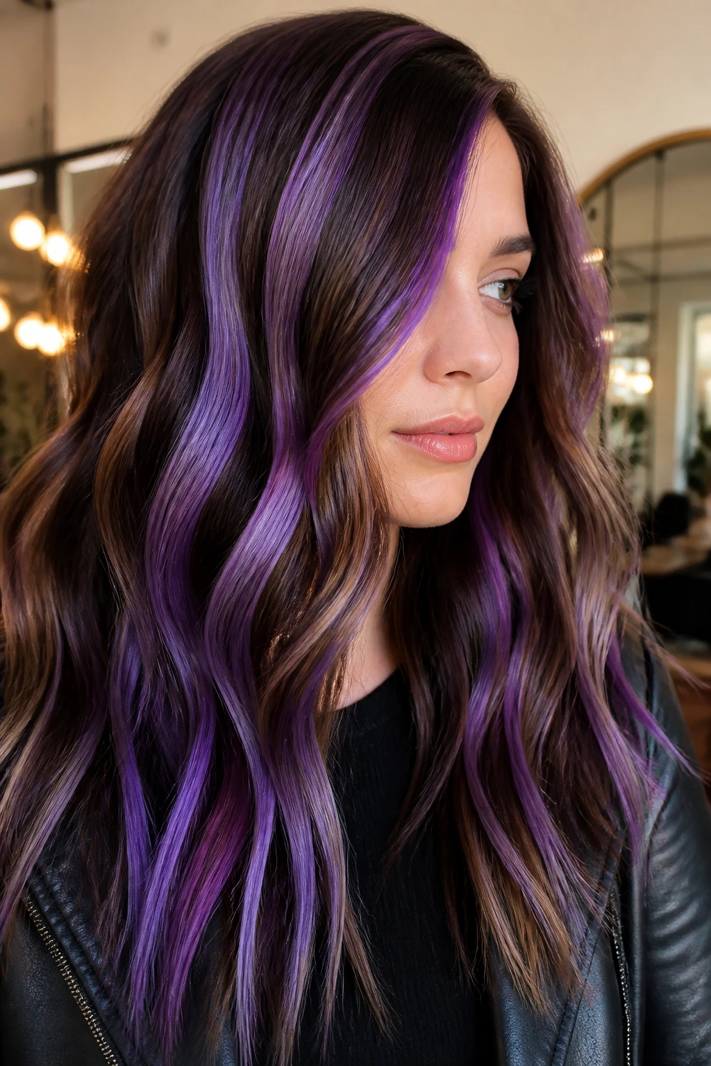 Close-up of chunky violet stripes in brown hair, bold retro look