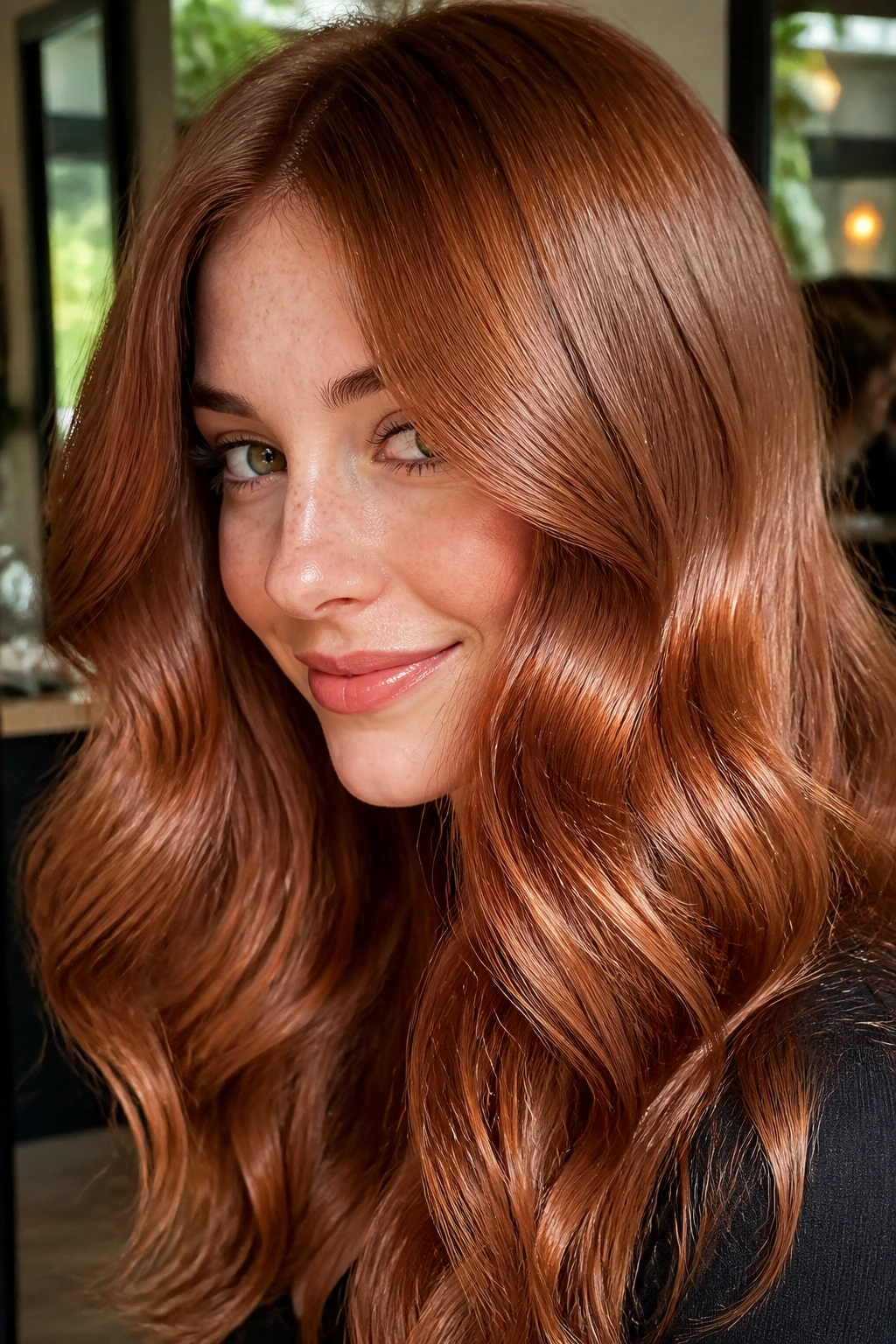 Close-up of a real woman with cider copper hair and high-gloss shine