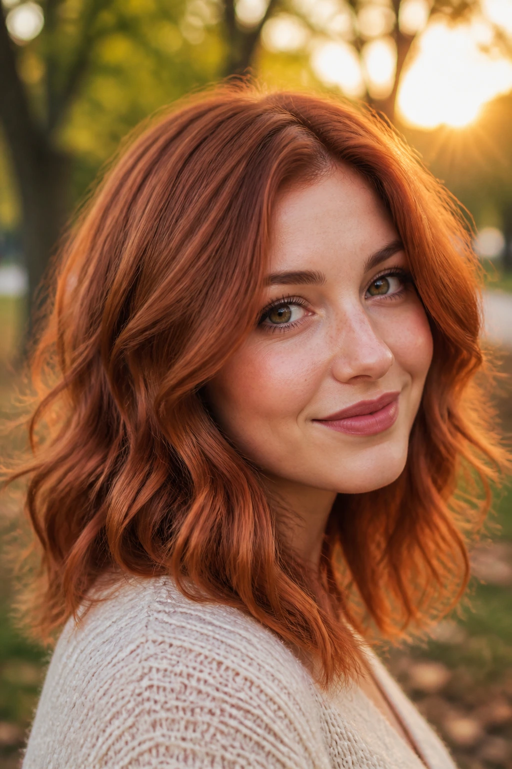 Person with cider copper waves in golden hour outdoor setting.
