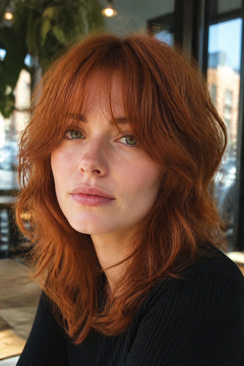Portrait of a person with cider red shag and feathered bangs in natural light