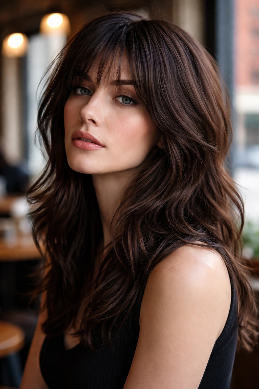 Real woman with cinder chestnut shag showing smoky layered texture.