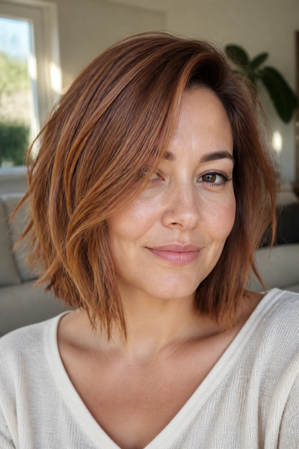 Close-up of a real woman with cinnamon air-dry lob and downward front pieces
