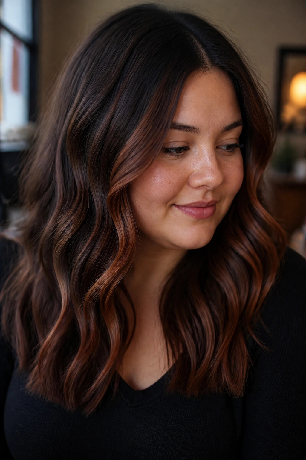 Real woman with cinnamon auburn balayage on dark brown base