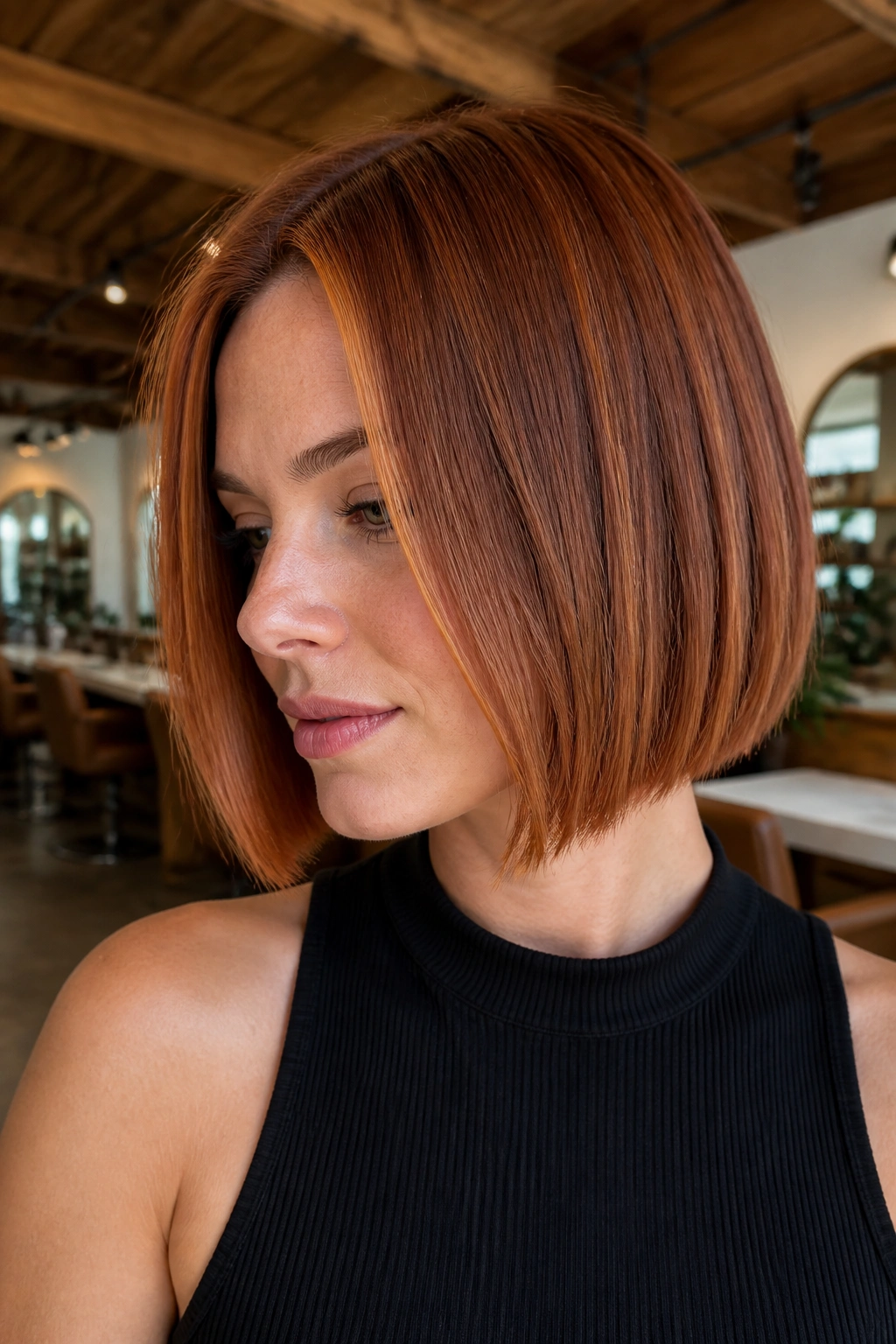 Close-up of a real person with cinnamon auburn bob.