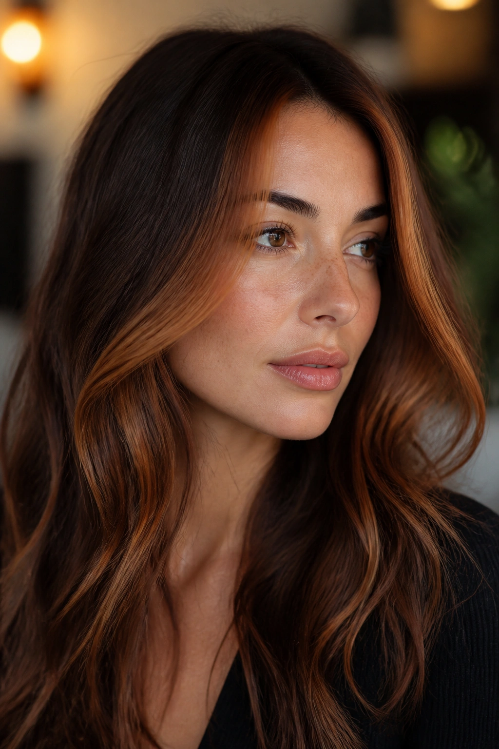 Close-up of a real woman with cinnamon auburn face-framing pieces framing the eyes and cheeks