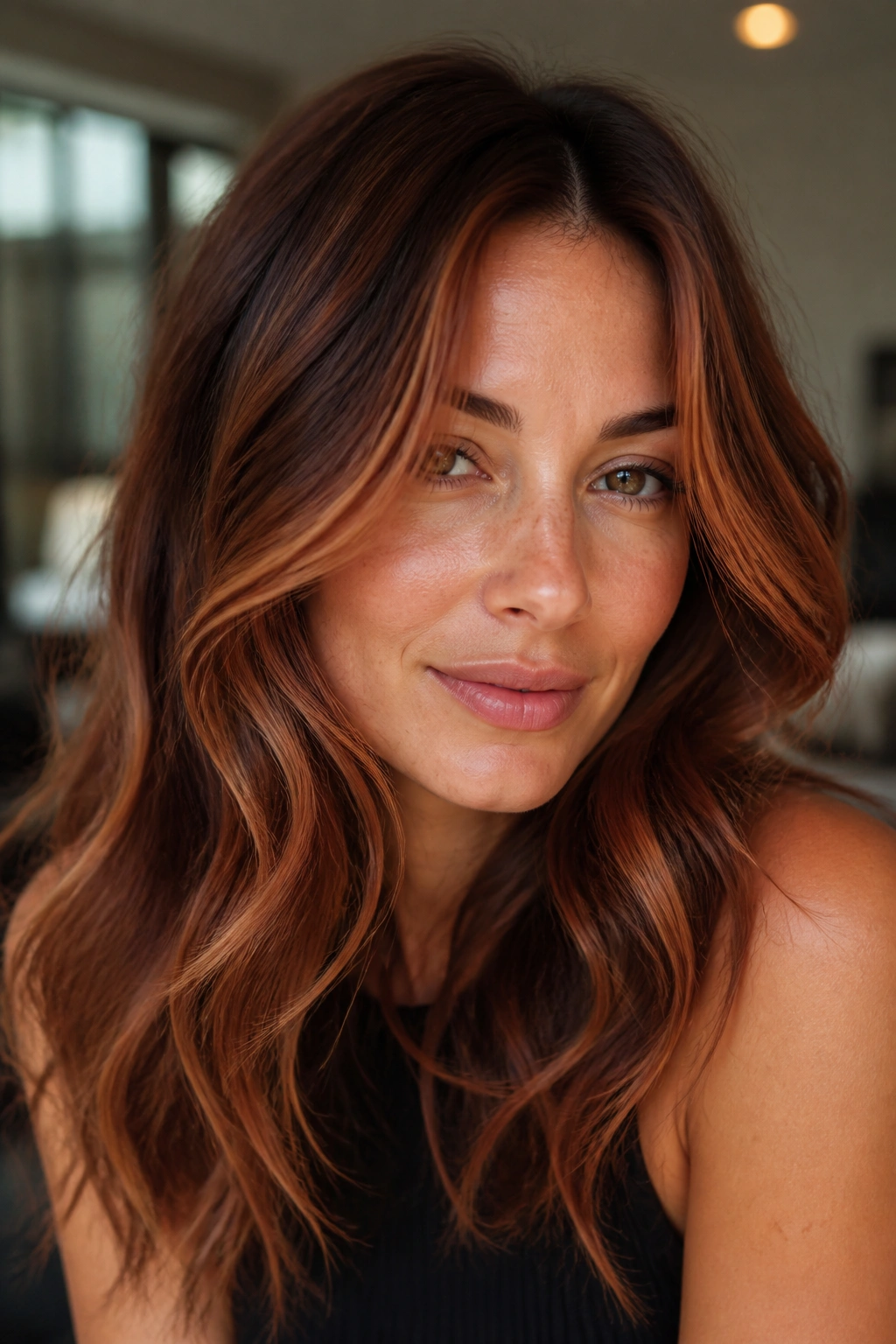 Portrait of a warm brunette with cinnamon and auburn framing around the face.