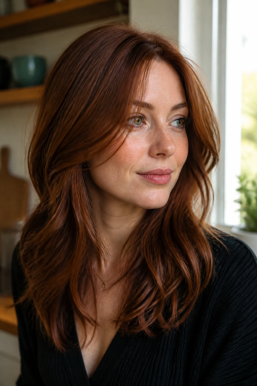 Close-up portrait of a woman with cinnamon auburn hair in warm daylight