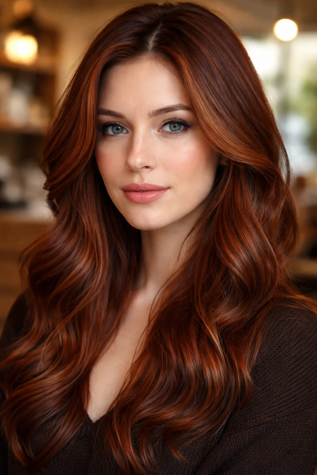 Close-up portrait of a real woman with Cinnamon Auburn hair, warm lighting