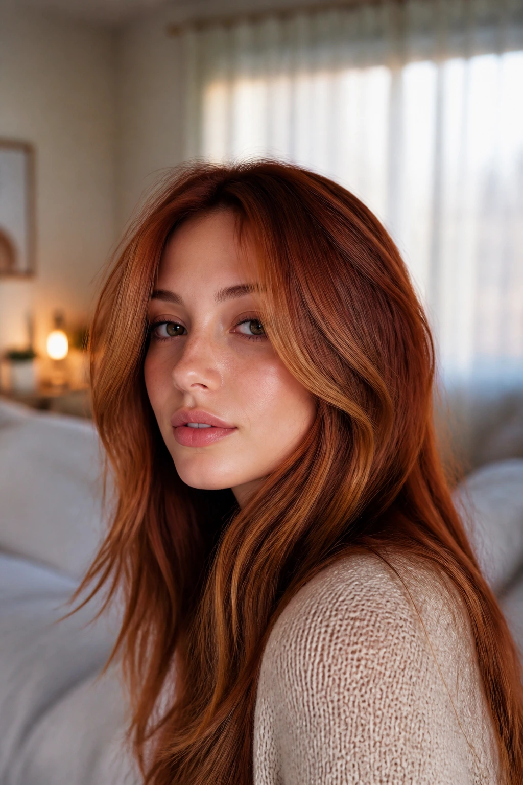 Close-up portrait of a woman with cinnamon auburn face-framing lows by soft window light