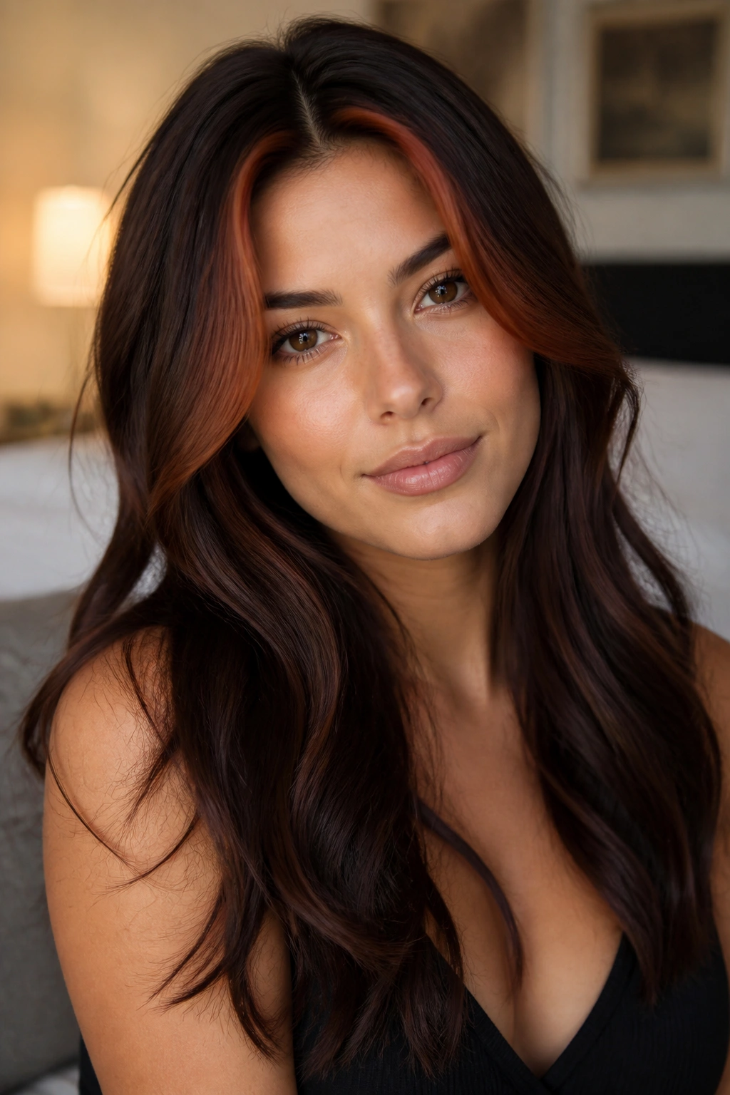 Close-up portrait of a real woman with a cinnamon auburn money piece on chocolate brown hair in warm light