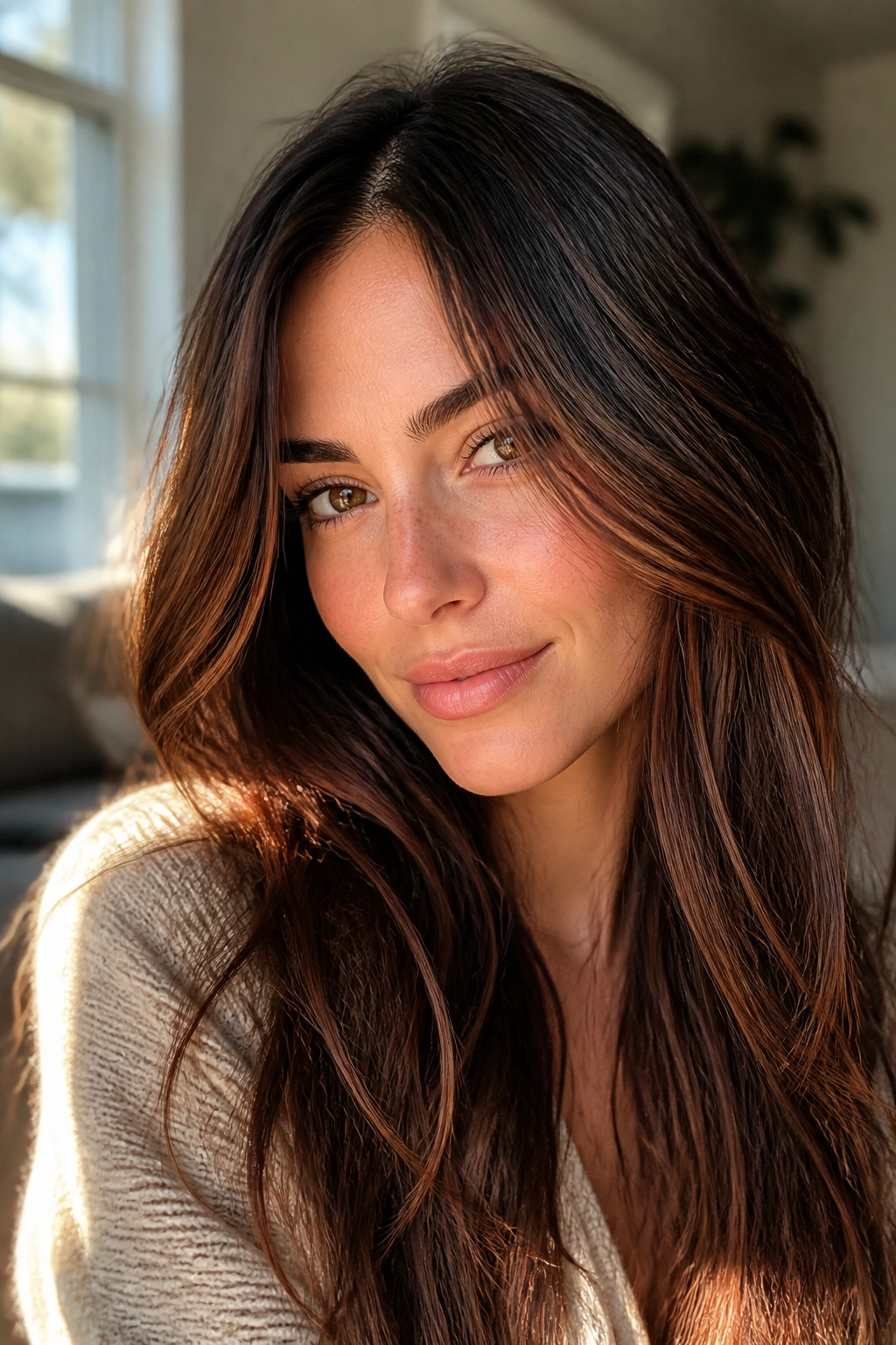 Close-up of brunette with cinnamon babylights framing the face in warm window light