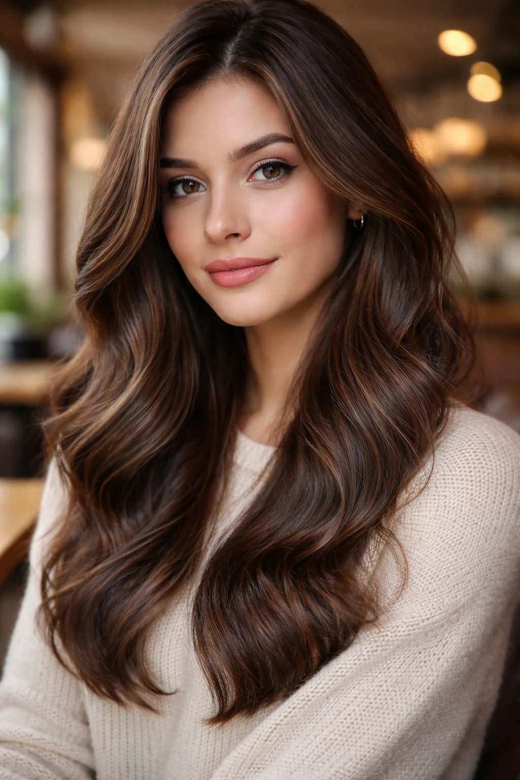 Close-up of real woman with cinnamon babylights on cool brunette hair.