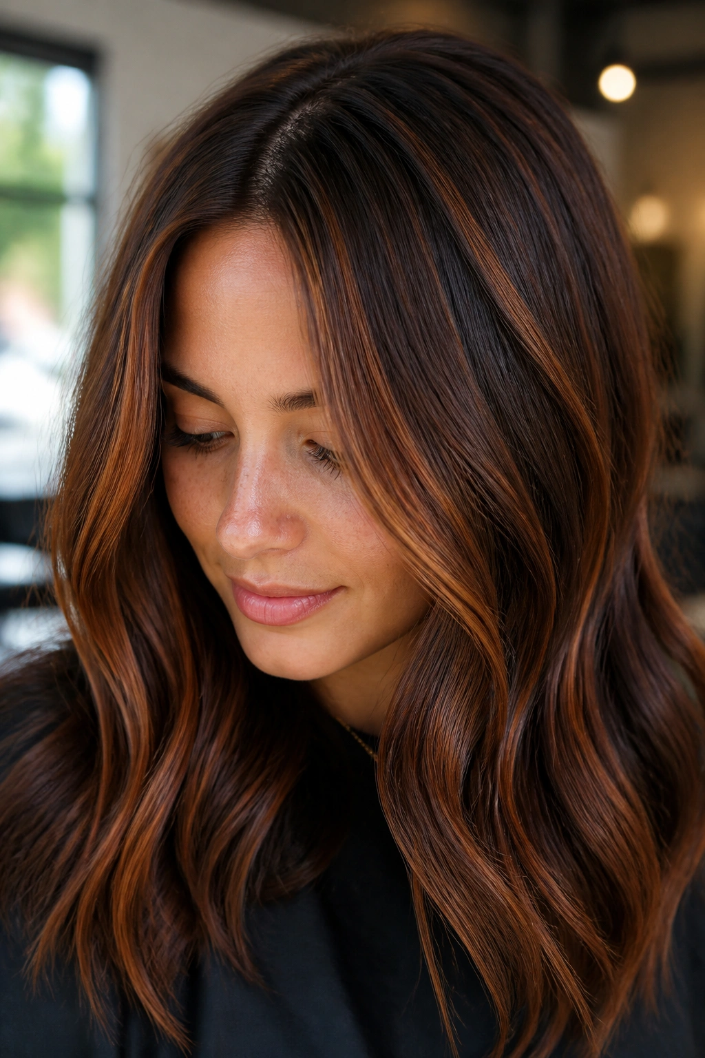 Close-up portrait of a real woman with cinnamon ribbon balayage on brown hair, warm salon lighting