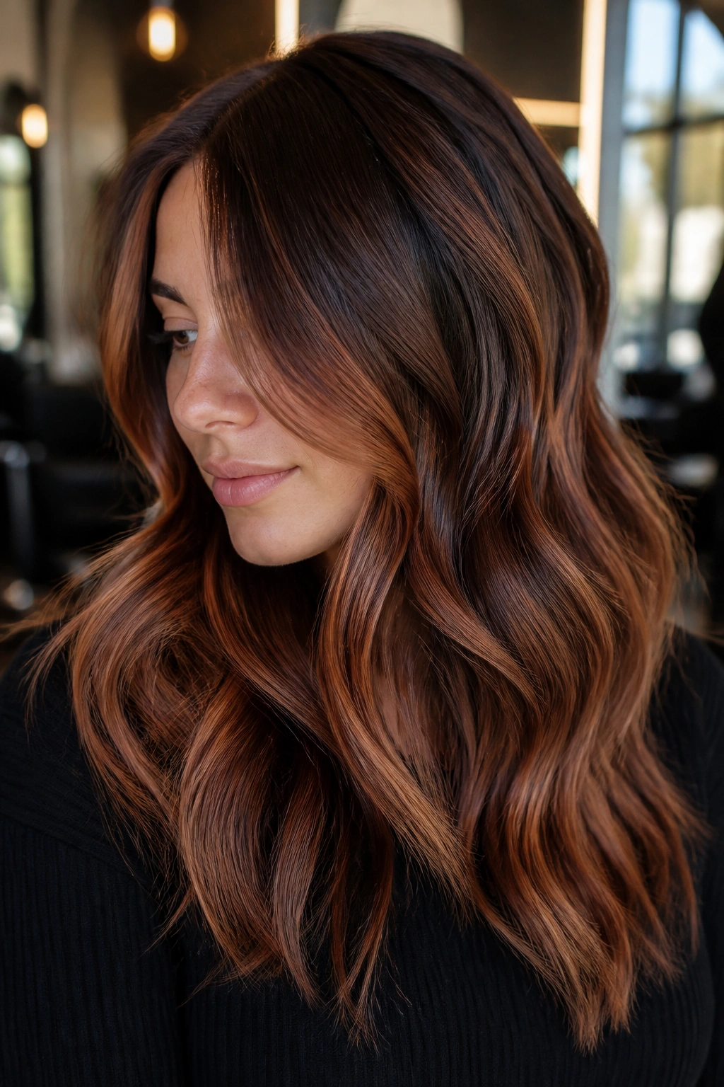 Close-up portrait of a real woman with cinnamon ribbon balayage framing the face in warm light