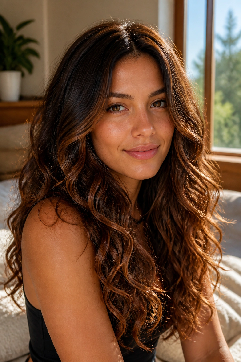 Close-up of a real woman with cinnamon brunette balayage highlighting around the face
