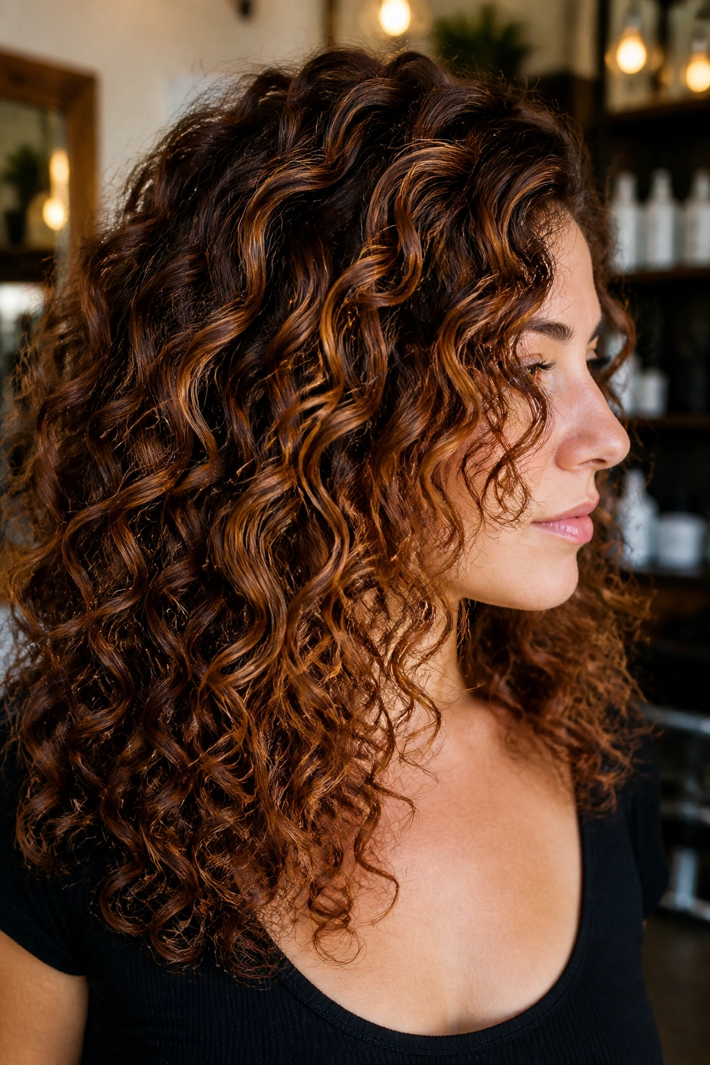 Close-up of cinnamon swirl balayage on curly hair in soft window light