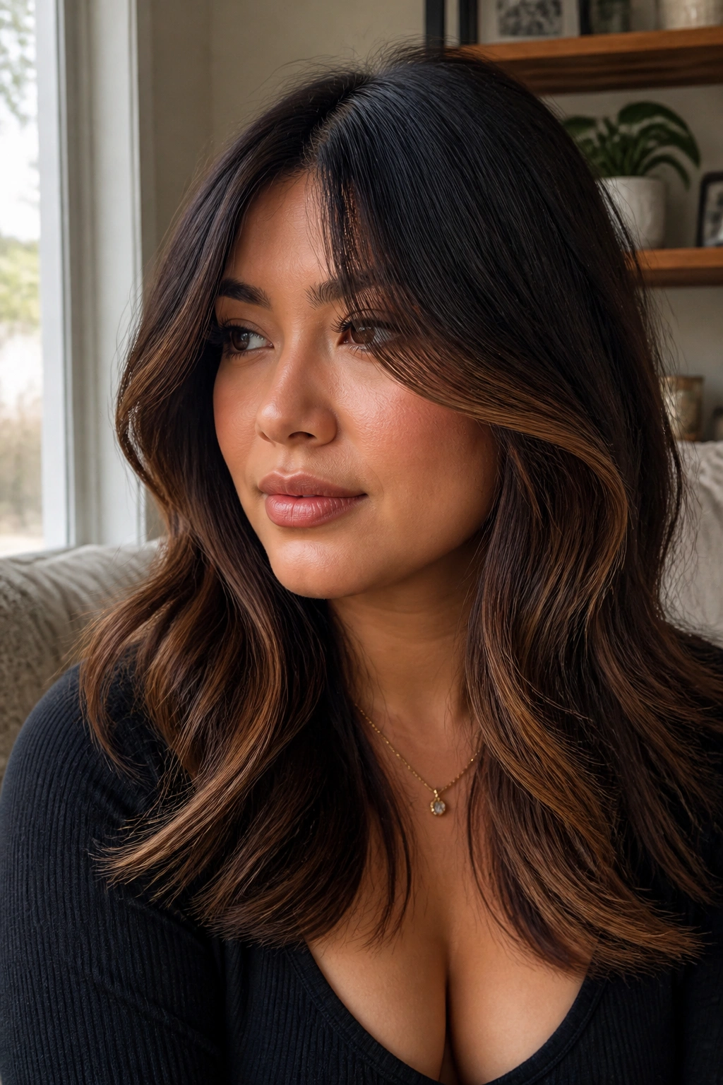 Close-up portrait of a woman with cinnamon balayage and curtain bangs on a round face, warm natural window light